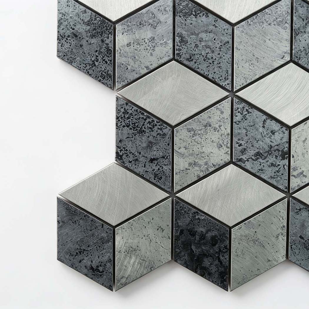 Close-up of brushed silver and textured gray hexagon aluminum mosaic pieces