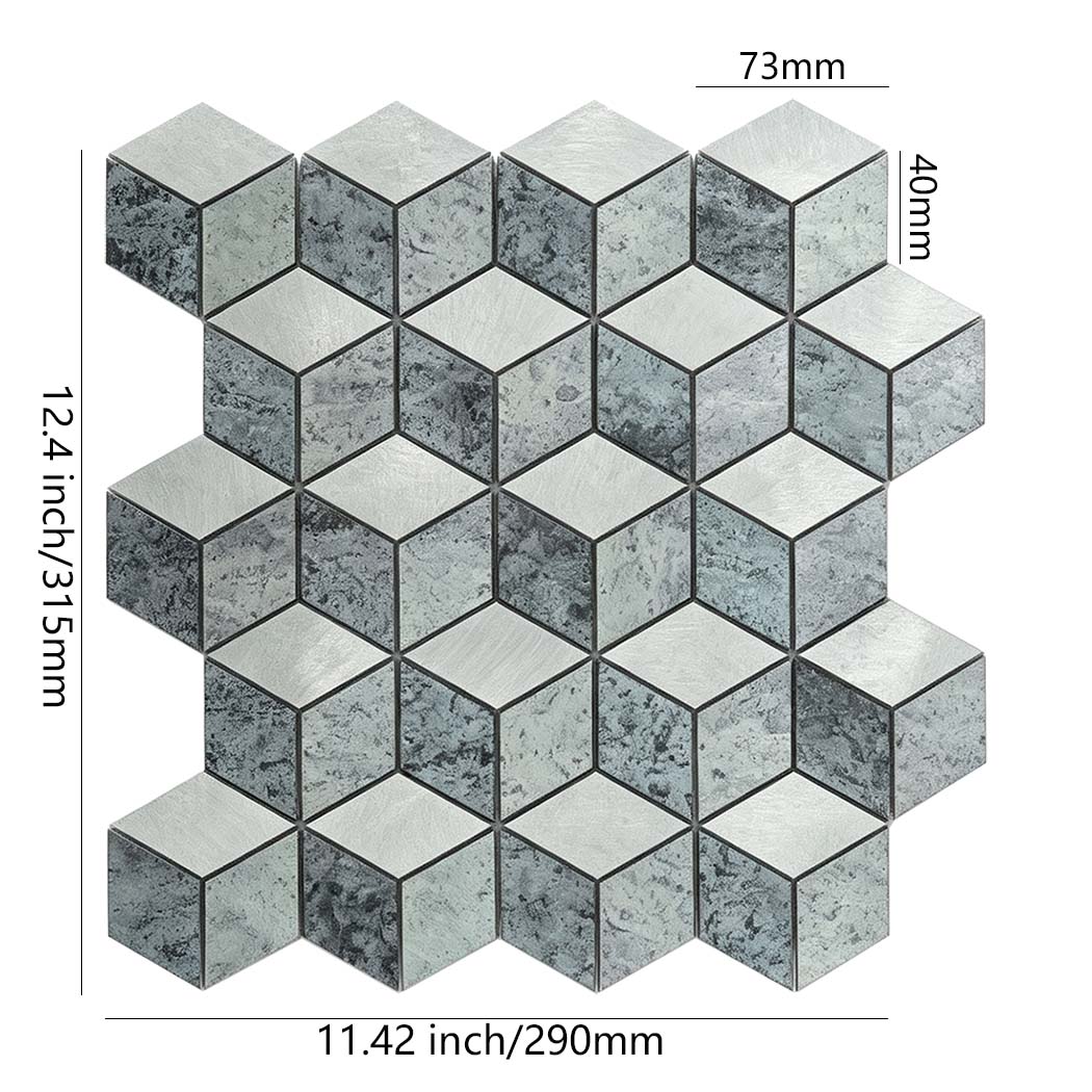 Silver and gray hexagon aluminum mosaic tile with 11.42 by 12.4 inch sheet dimensions