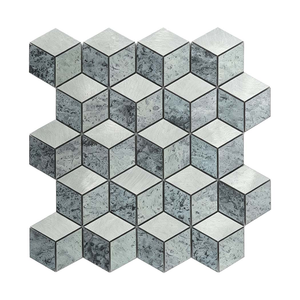 Silver and gray aluminum mosaic tile with a repeating hexagon geometric pattern