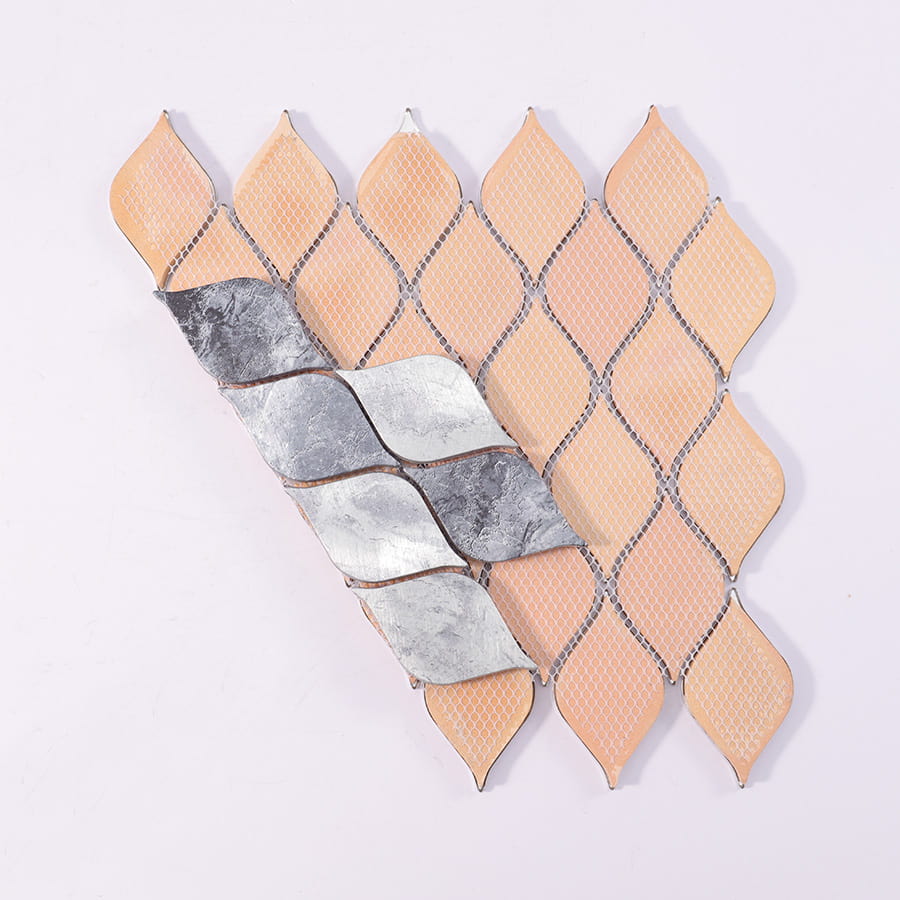 Back view of silver gray aluminum leaf mosaic tile with mesh backing