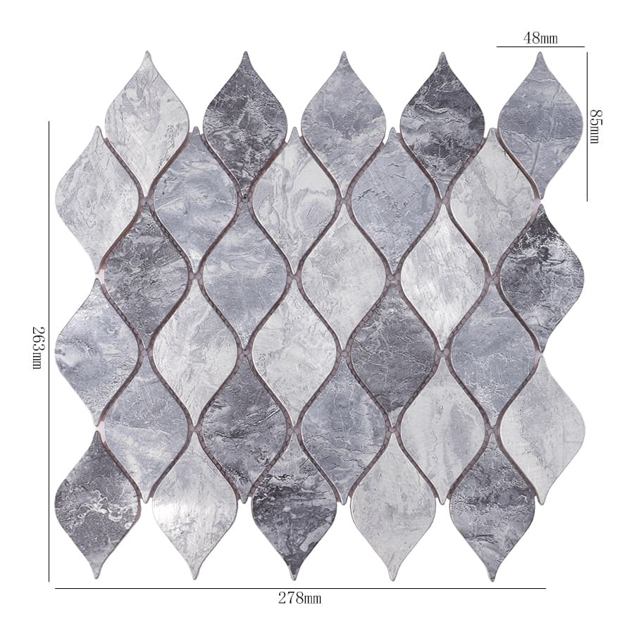 Silver gray aluminum leaf mosaic tile sheet with size dimensions