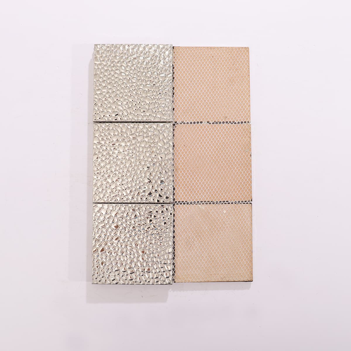 Back mesh view of silver hammered stainless mosaic tile