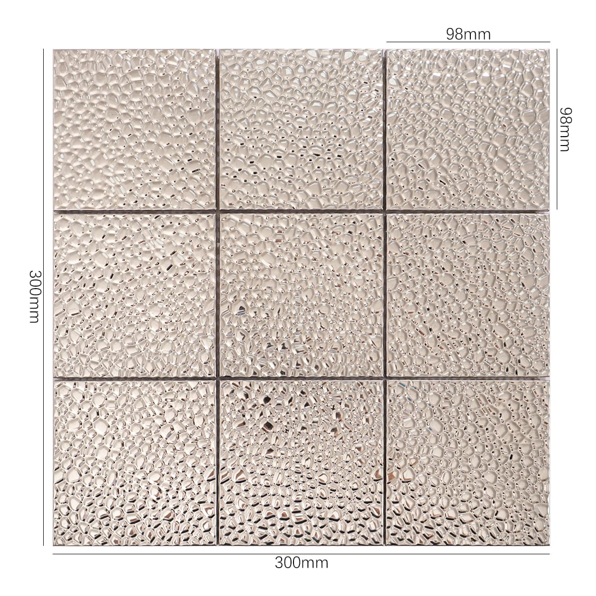 Silver hammered stainless mosaic full sheet display