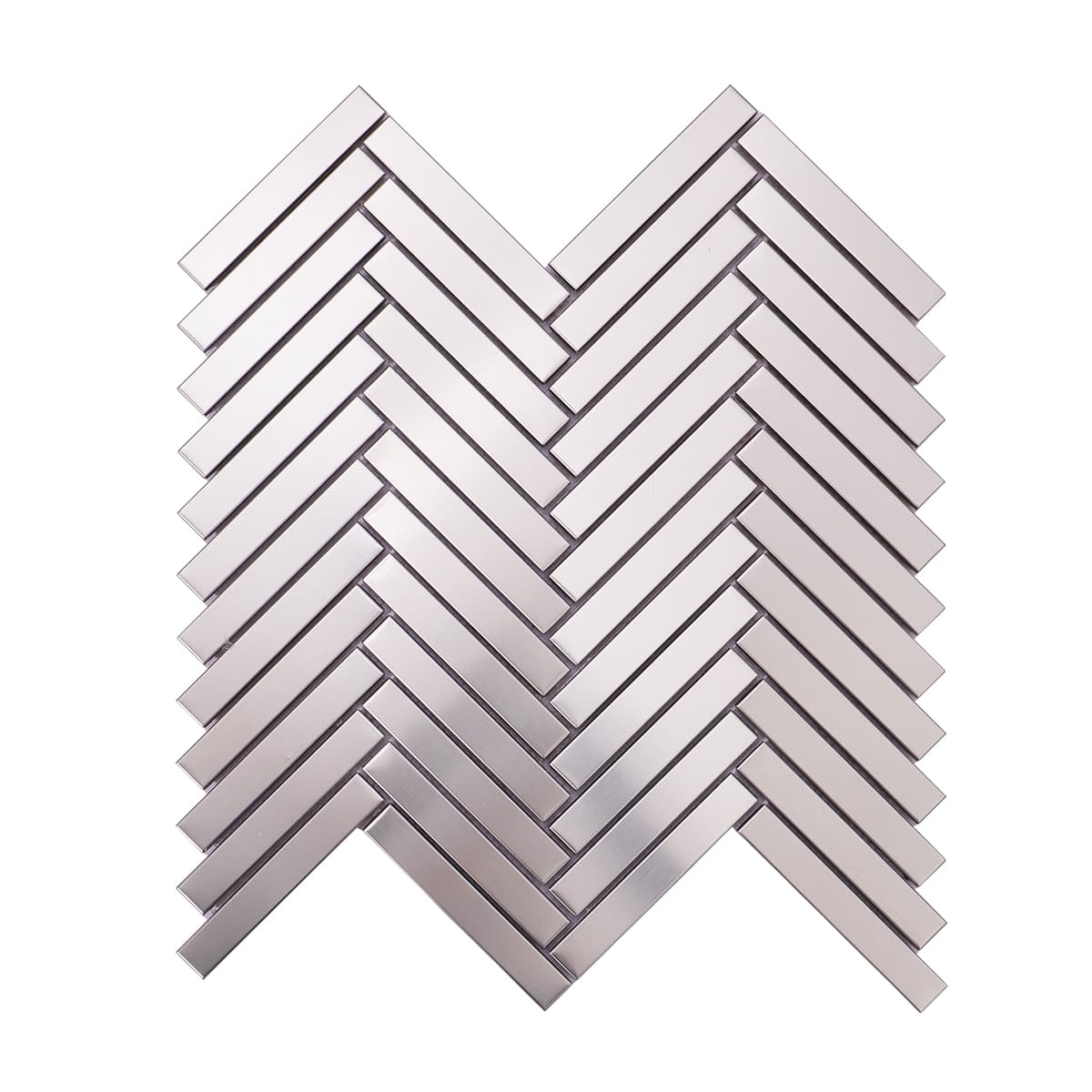 Front view of brushed silver herringbone metal tile