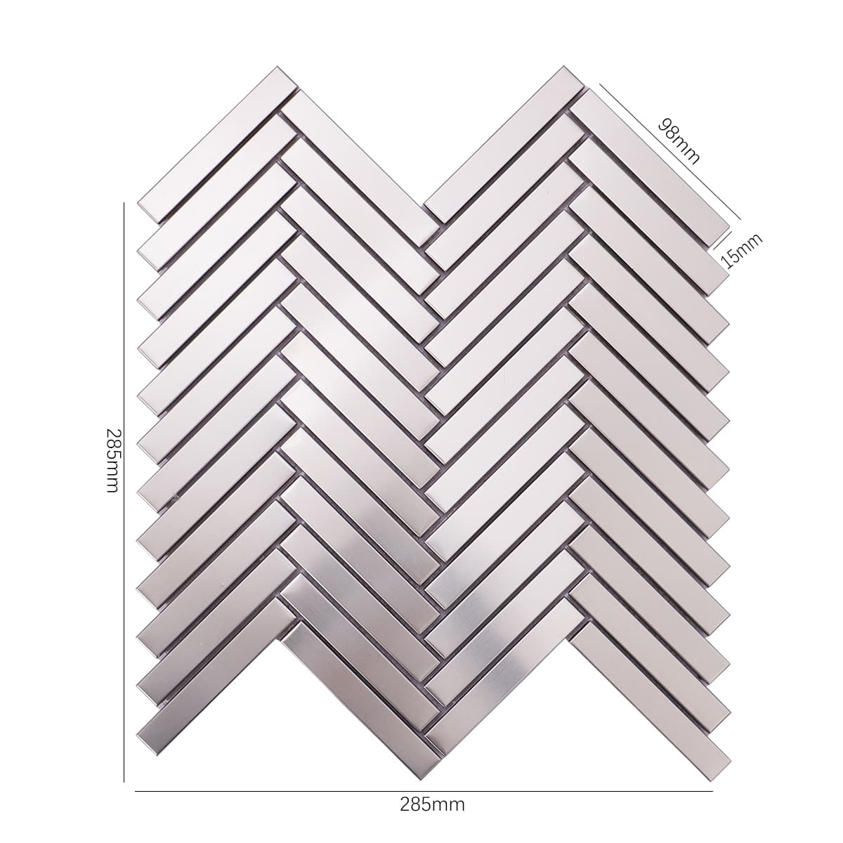 Herringbone stainless steel mosaic with size dimensions
