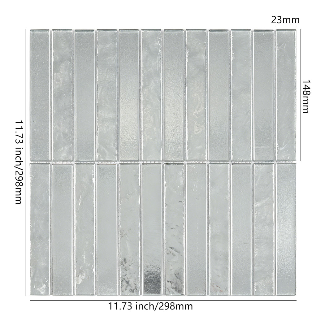 Silver linear glass mosaic tile sheet with dimension markings in inches and mm.