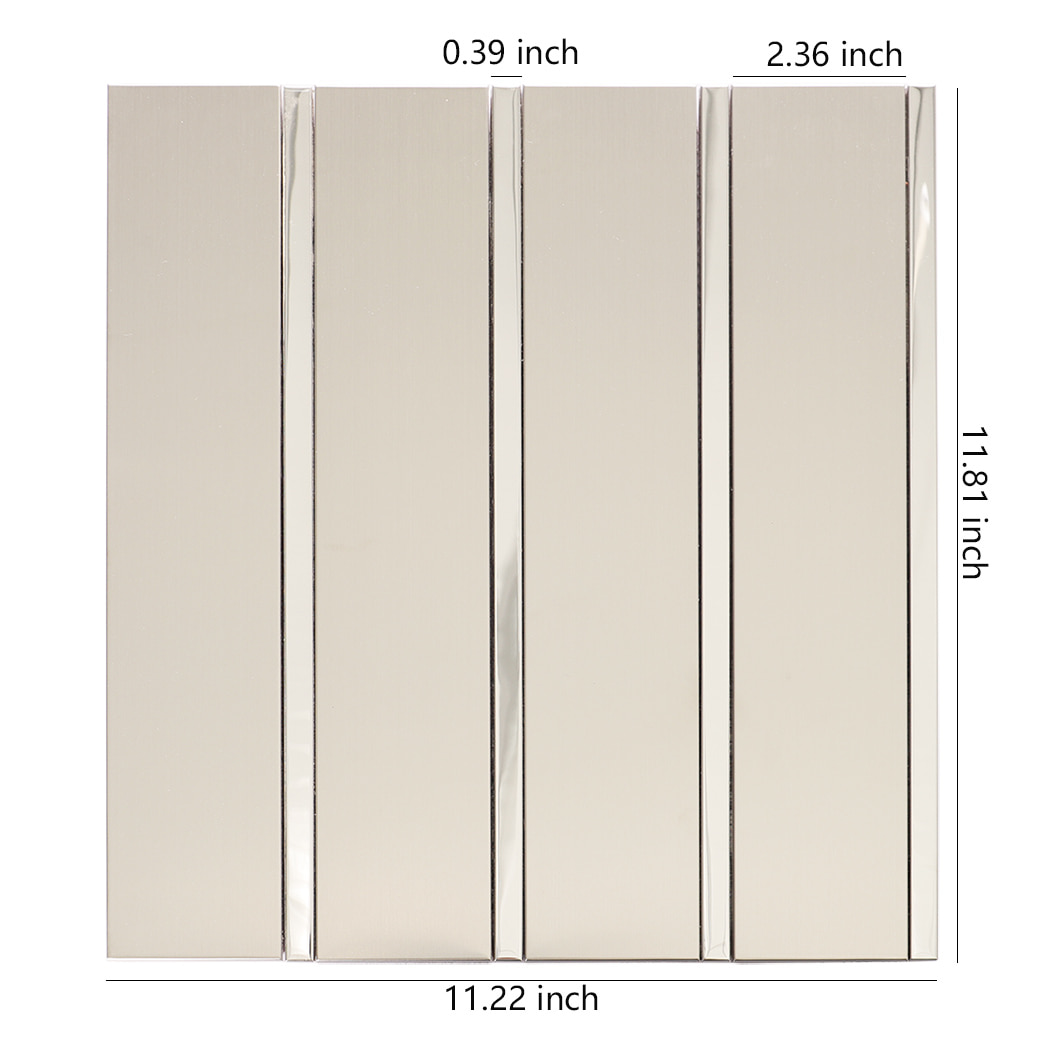 Full view of silver stainless steel linear mirror mosaic tile sheet.