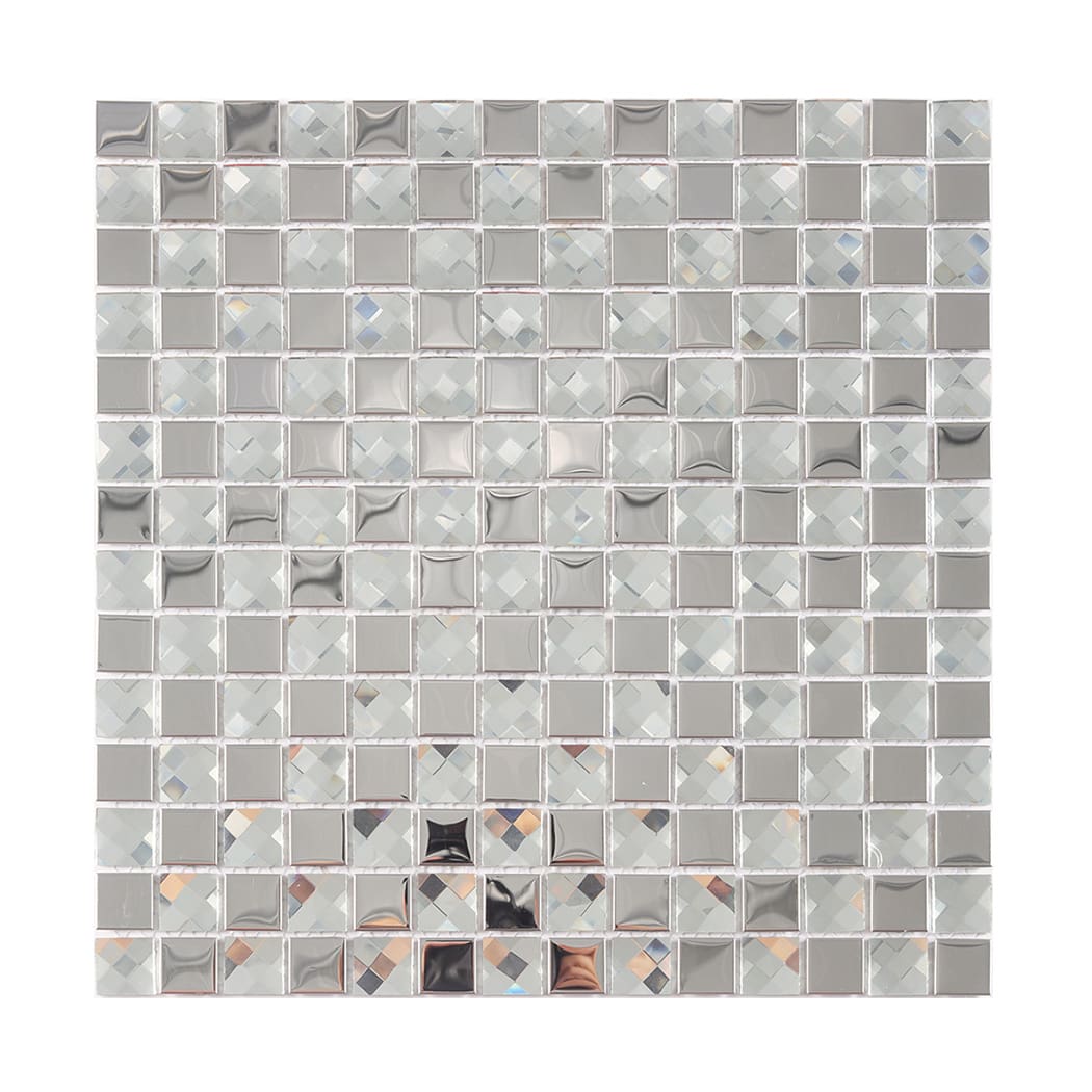Full sheet of silver metal and glass square faceted mosaic tile