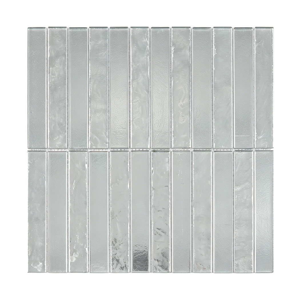 Front view of a square silver metallic linear glass strip mosaic tile sheet.