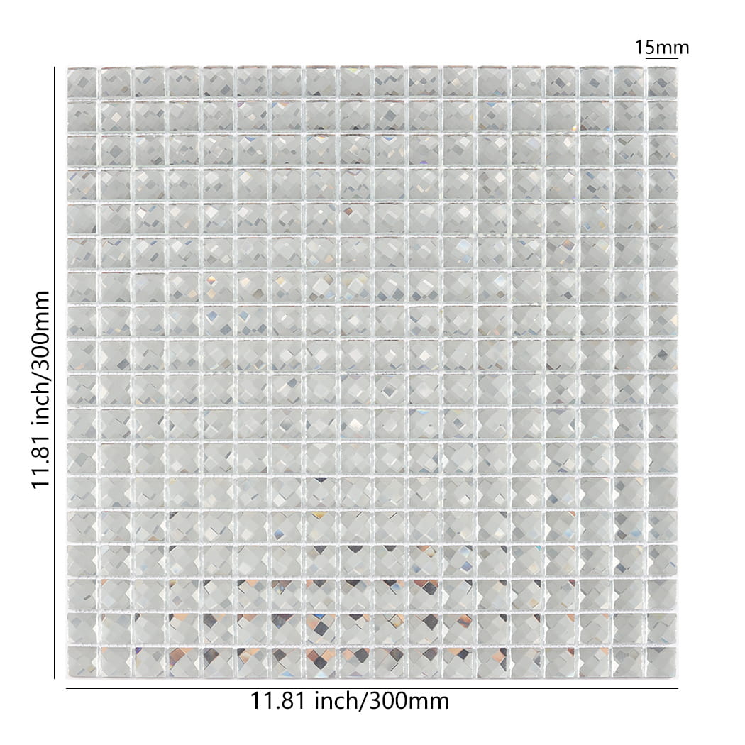 Silver square mirror glass mosaic tile sheet showing dimensions 11.81 inches by 300mm.