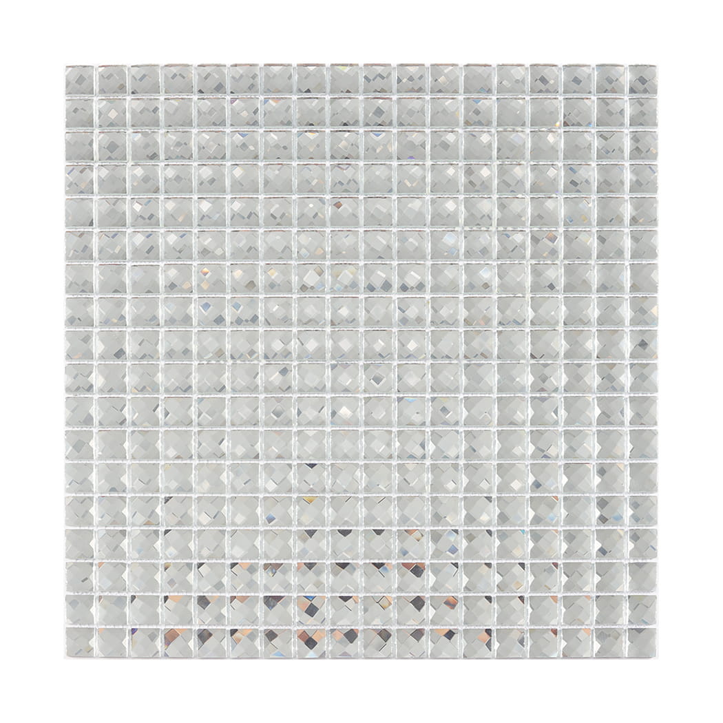 Front view of a full sheet of reflective silver square mirror glass mosaic tiles.