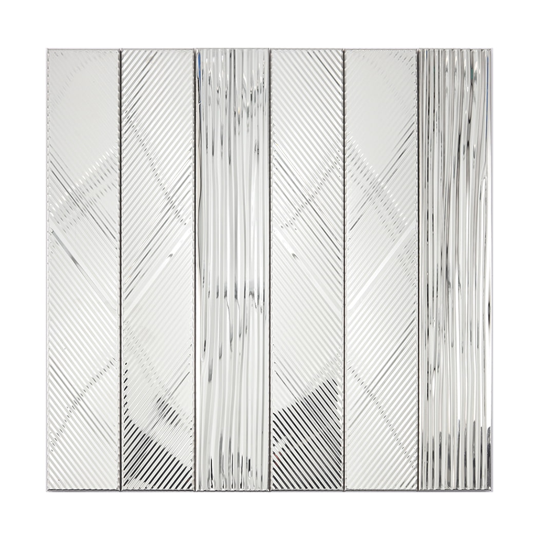 Full sheet of silver mirror stainless steel vertical mosaic tiles with striped grooves