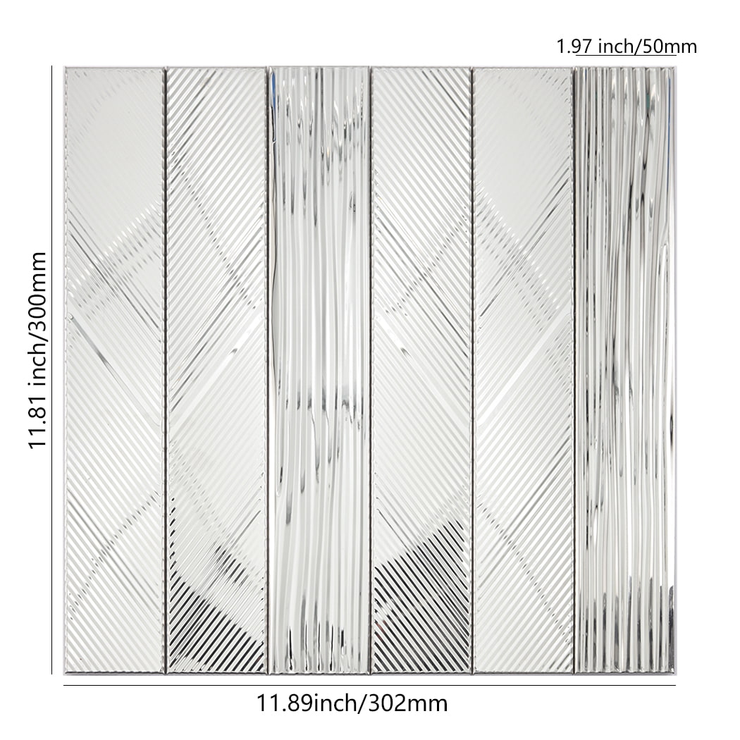 Silver mirror stainless steel vertical tile sheet with grooved lines and size guide