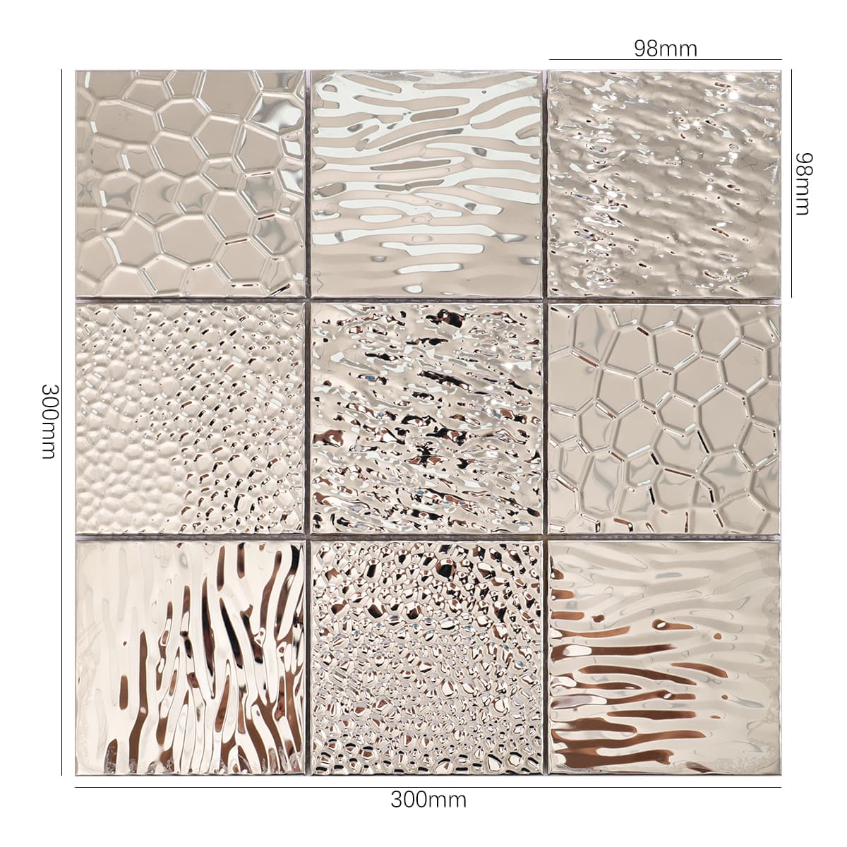 Silver metallic mosaic tile with mixed textures, front view