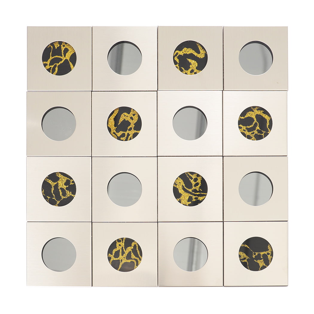 Full view of silver stainless steel mosaic tile with circular mirrors and gold texture.