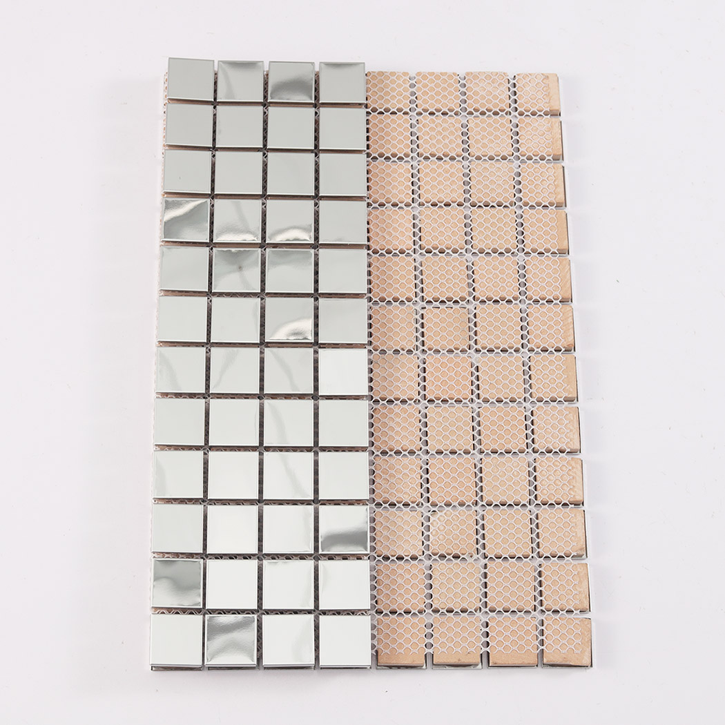 Back view of silver square mirror metal mosaic tile sheet with mesh backing