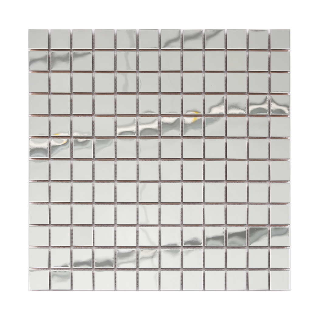 Full sheet of silver square mirror metal mosaic tiles with clean grid layout