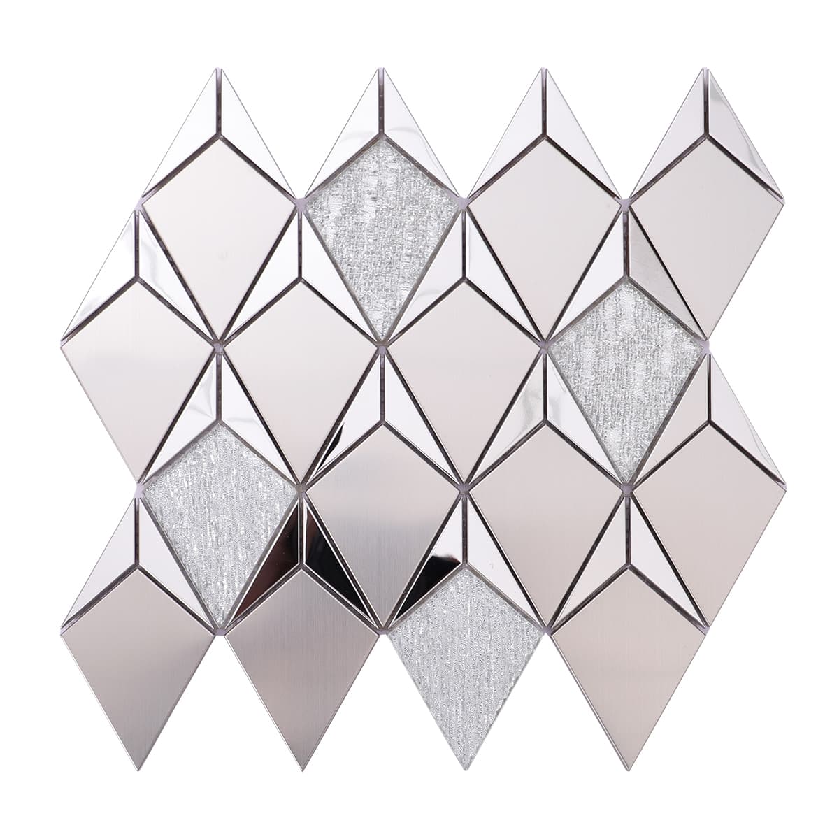 Front view of silver metal and glass diamond mosaic tile