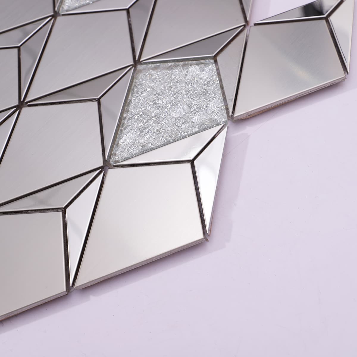 Side angle of stainless steel and glass diamond mosaic tile