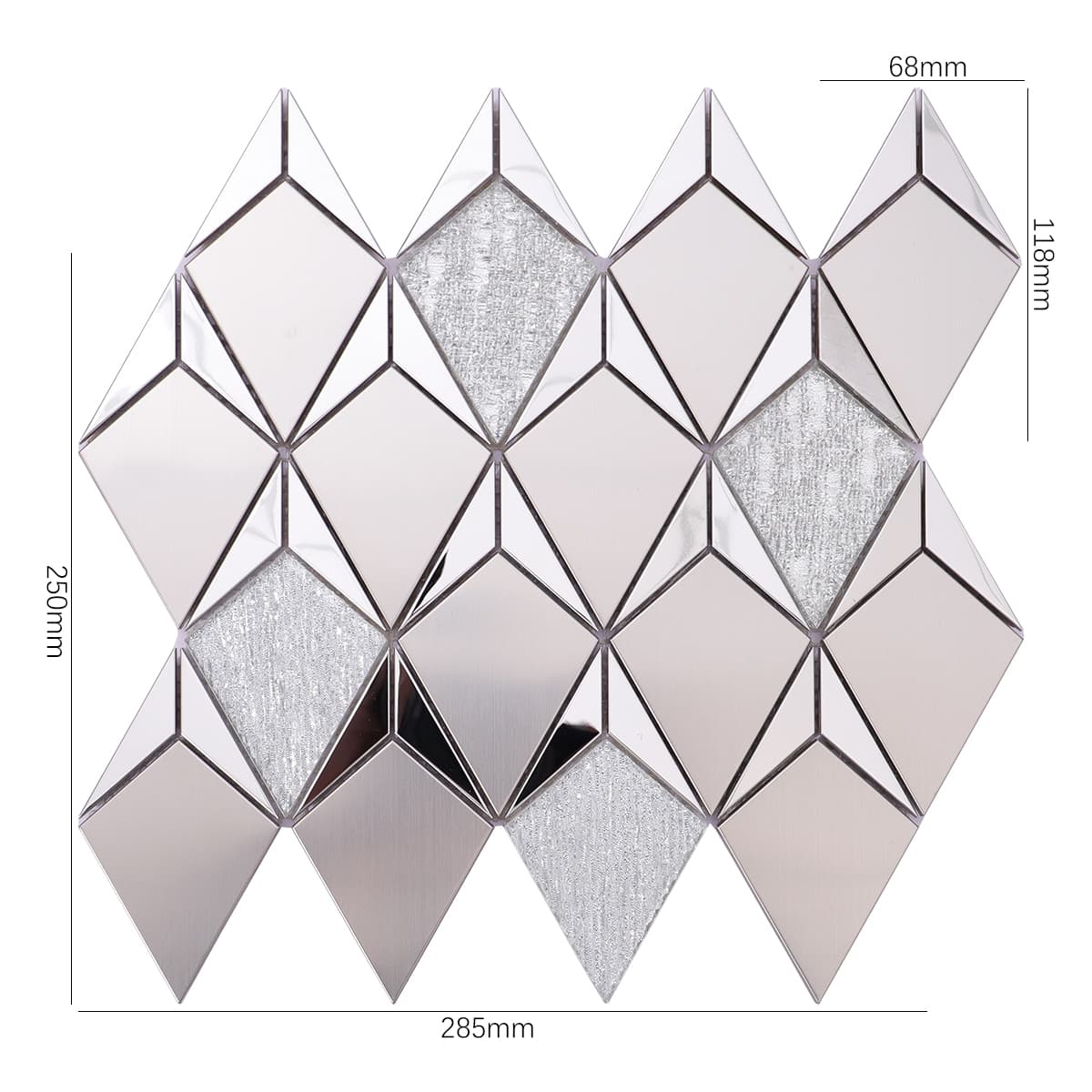 Silver stainless steel and glass diamond mosaic tile with size info