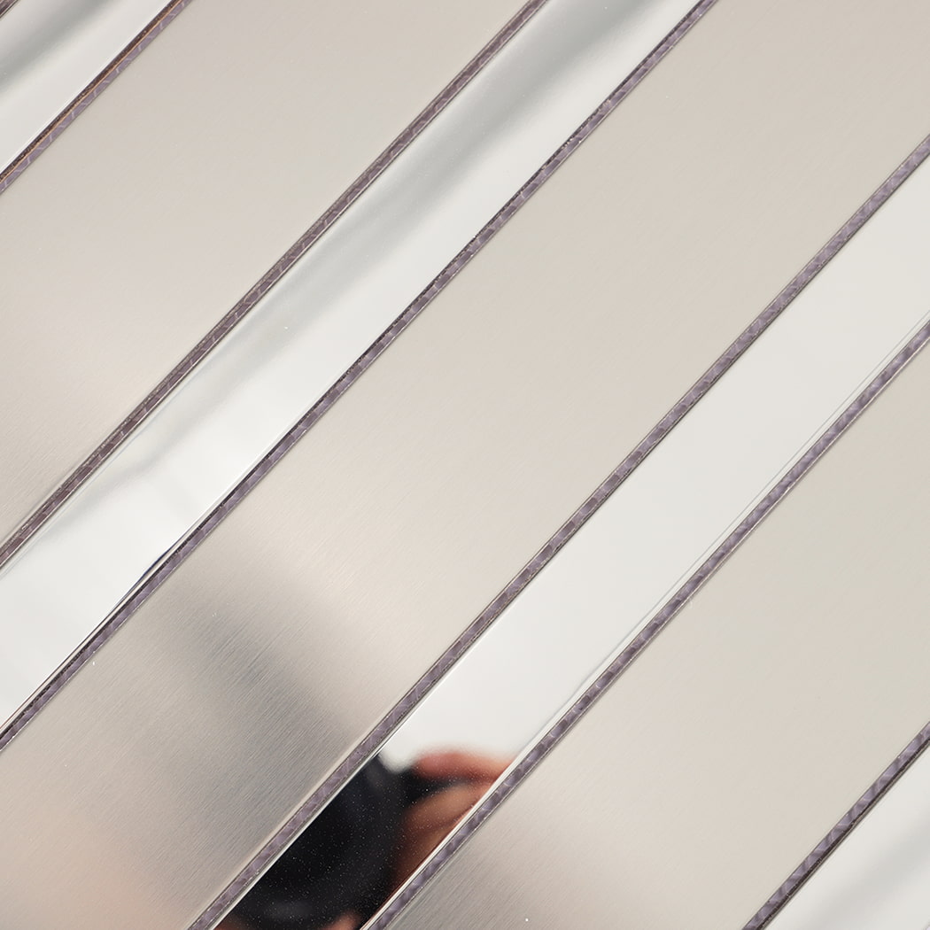 Texture details of silver stainless steel narrow rectangular mosaic tile