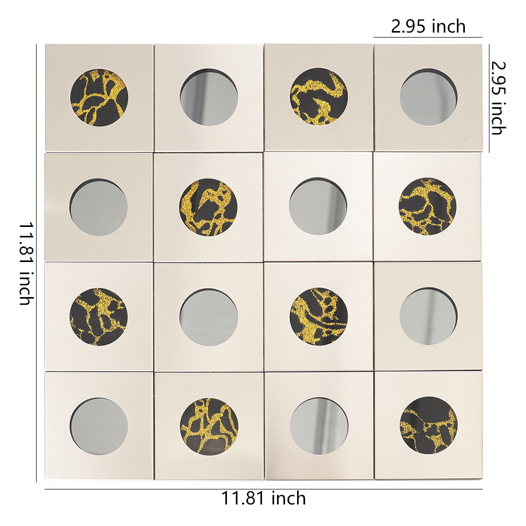 Silver stainless steel mosaic tile with round mirror and gold pattern design layout.