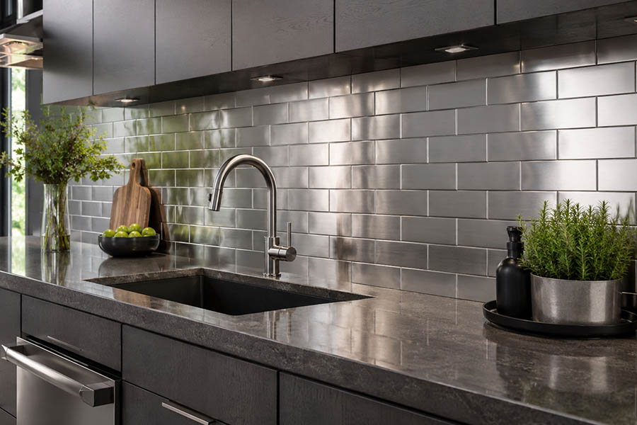 Silver stainless steel subway tile splashback with dark cabinets and stone countertop