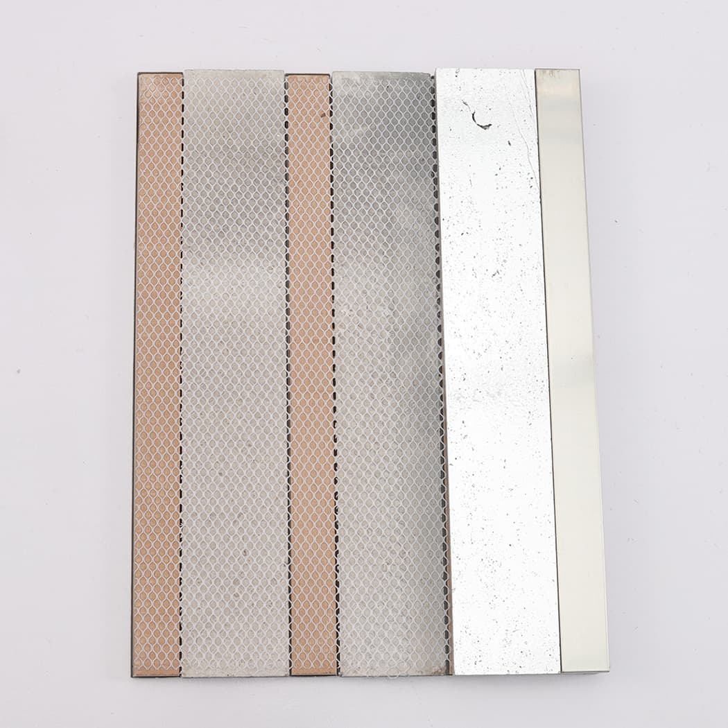 Back view of silver electroplated stone mosaic with brushed stainless steel strips