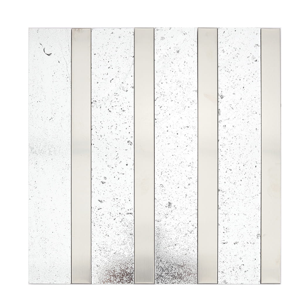 Silver electroplated stone tile sheet with vertical brushed stainless steel lines