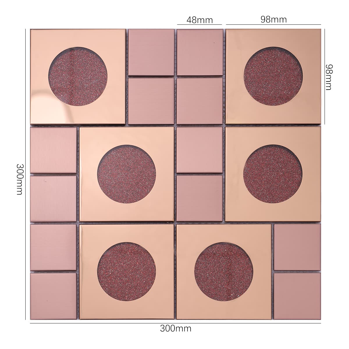 Size-labeled sheet of rose gold and red glitter circle mosaic