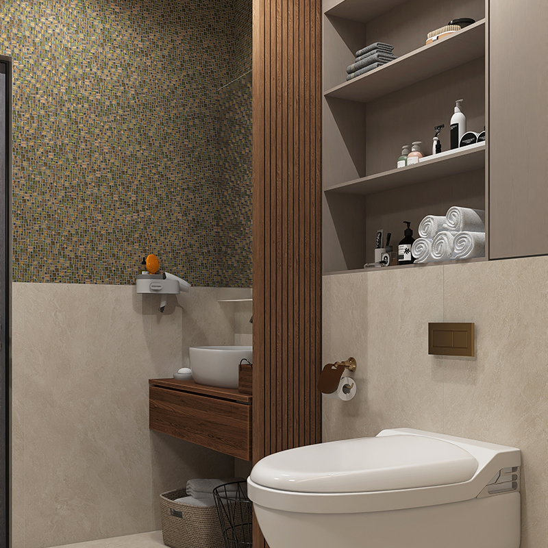 Small bathroom with wood vanity and olive green mosaic wall