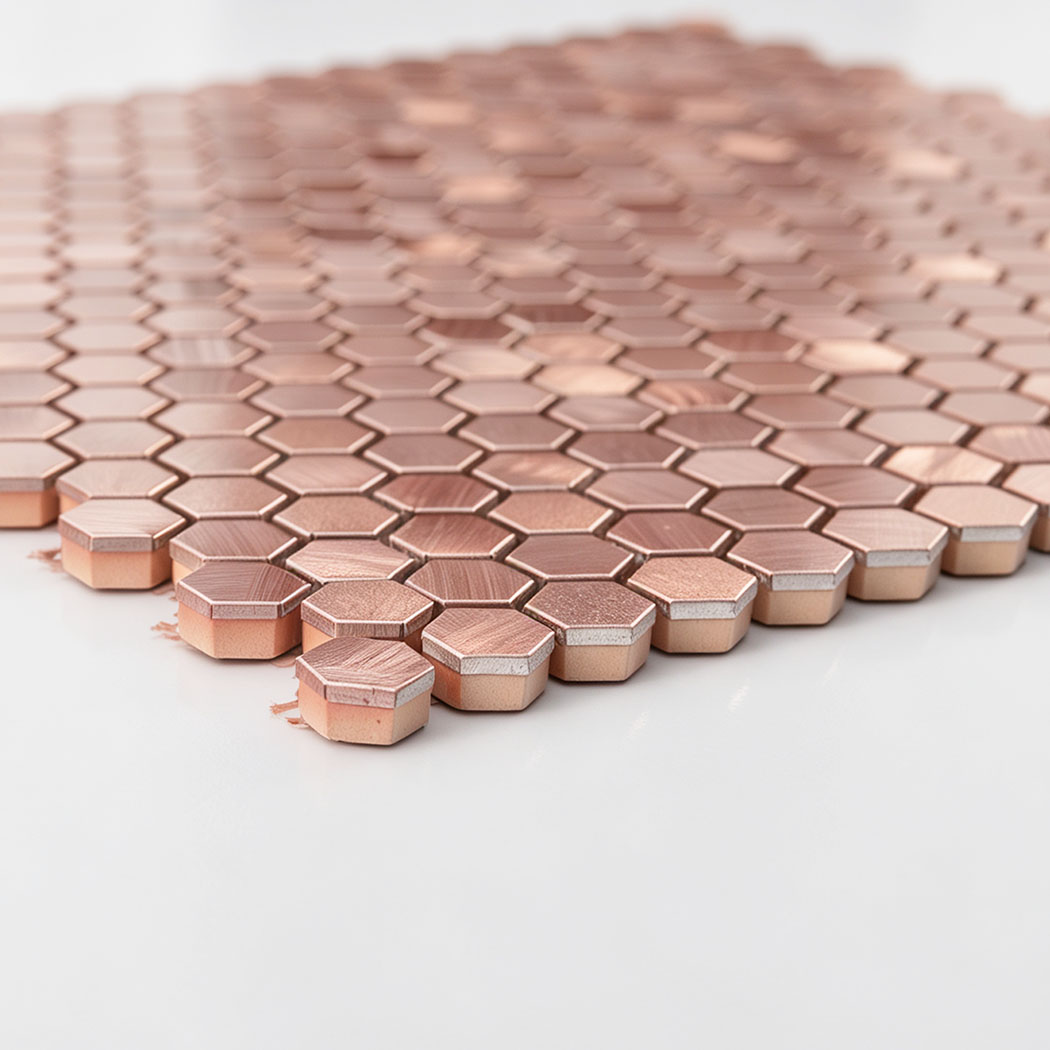 Low angle side view of rose gold aluminum tile chip thickness