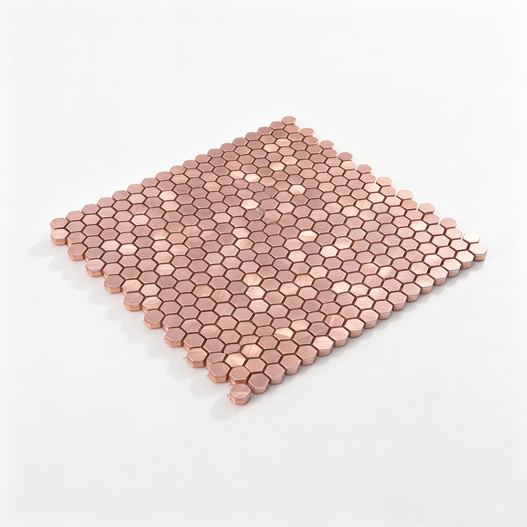 Isometric perspective display of small hexagon rose gold tile