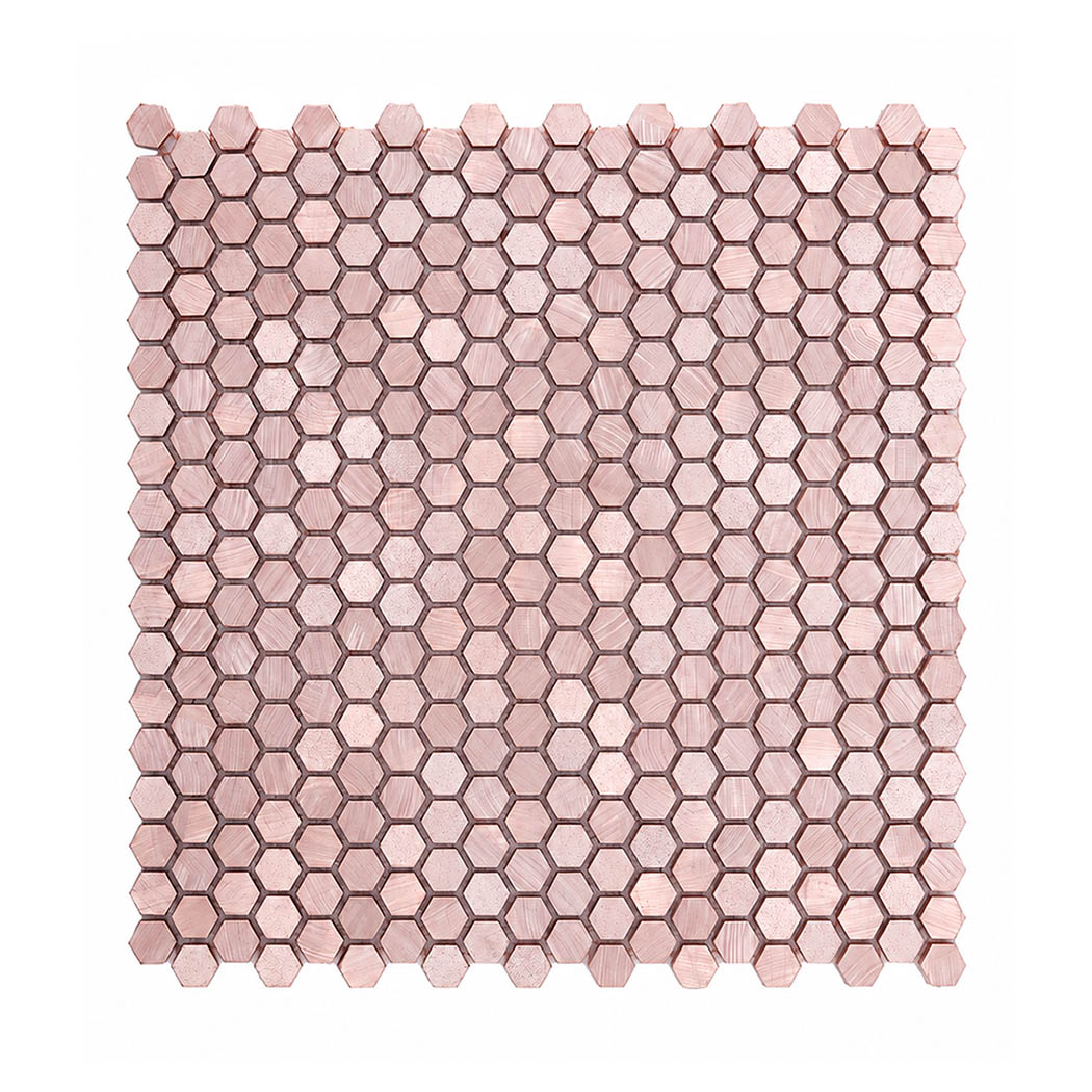 Overhead top view of small hexagon rose gold aluminum tile sheet