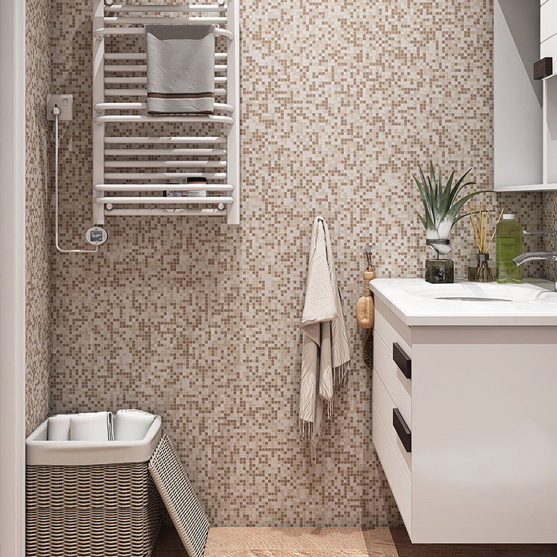 Beige smallest mosaic tiles used for stylish bathroom wall decoration