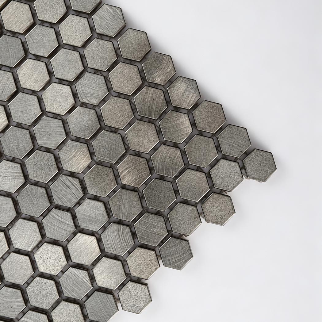Corner view of smokey grey small hexagon aluminum mosaic tile sheet