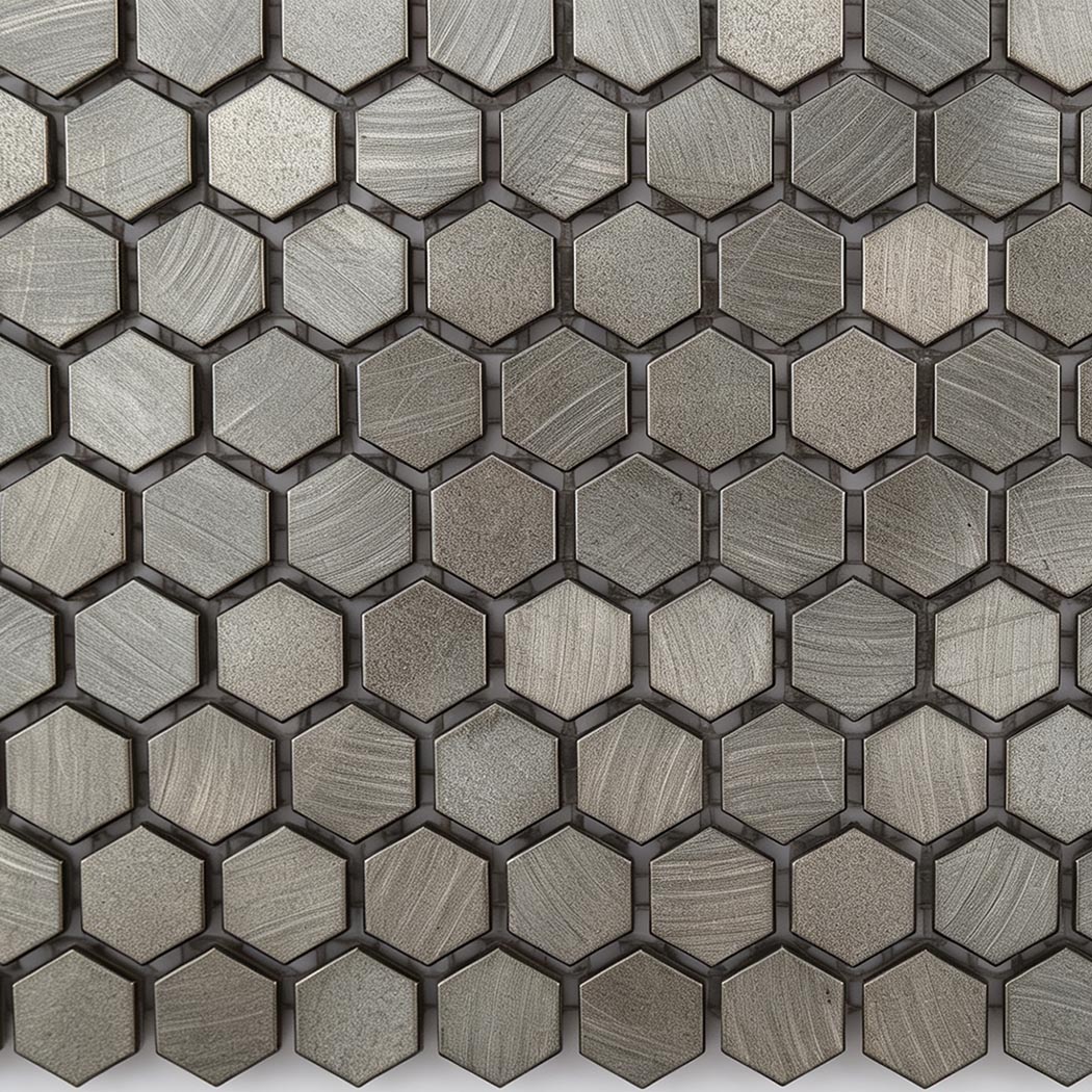 Macro texture detail of smokey grey small hexagon aluminum mosaic tile