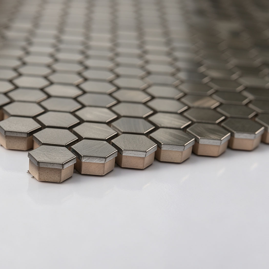 Side angle profile showing chip depth of smokey grey hexagon mosaic tile