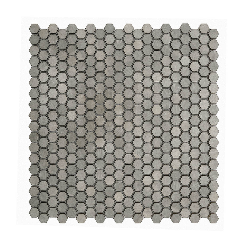 Top down full sheet view of smokey grey small hexagon aluminum mosaic tile