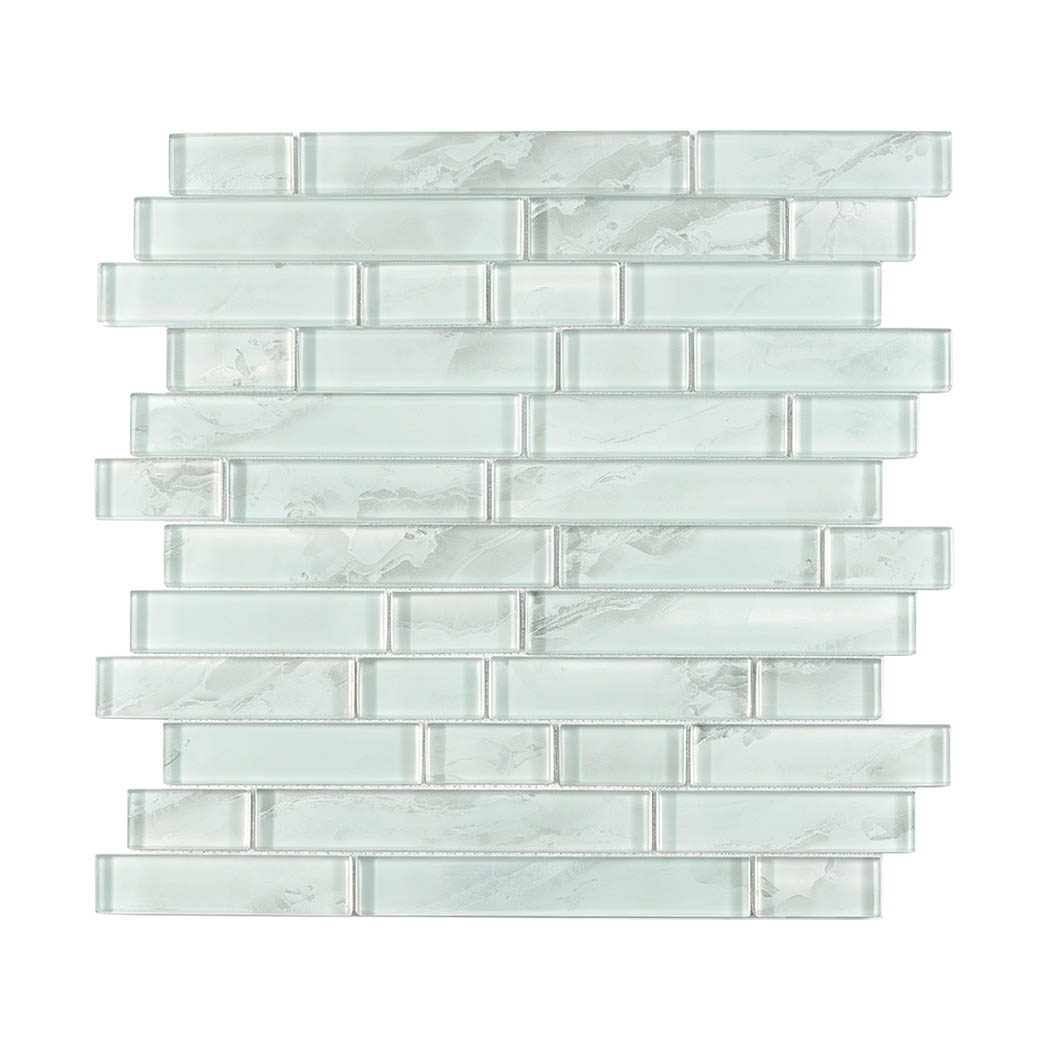 Soft aqua linear glass subway mosaic with staggered strip layout and pale veining