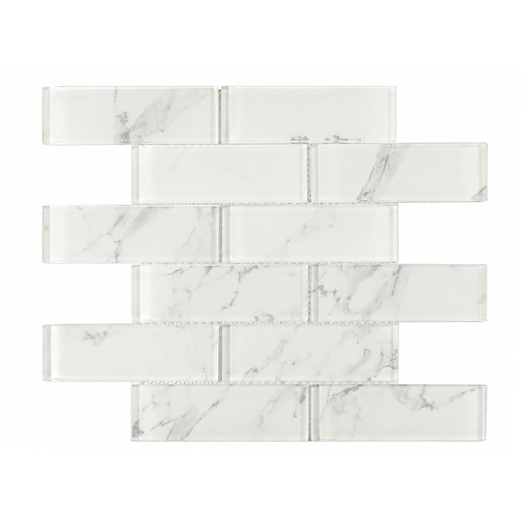 White marble look glass subway tile sheet with soft gray veining