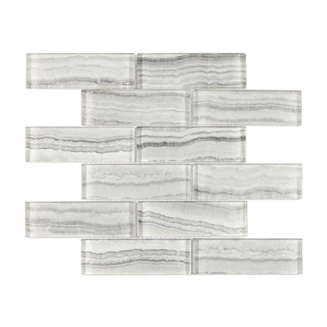 White gray glass subway mosaic with soft horizontal onyx stripe pattern