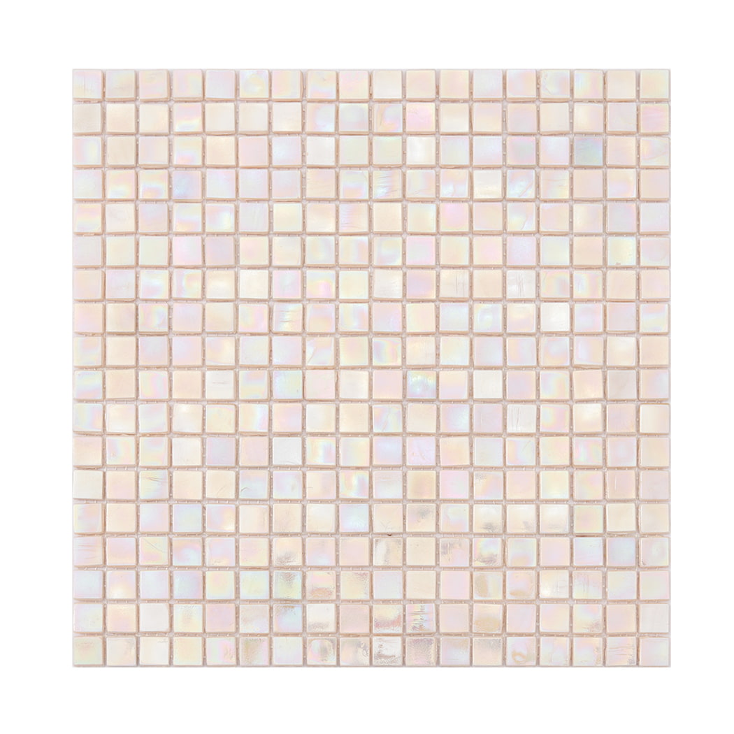 Full sheet of soft pink iridescent square glass mosaic tile on a light background