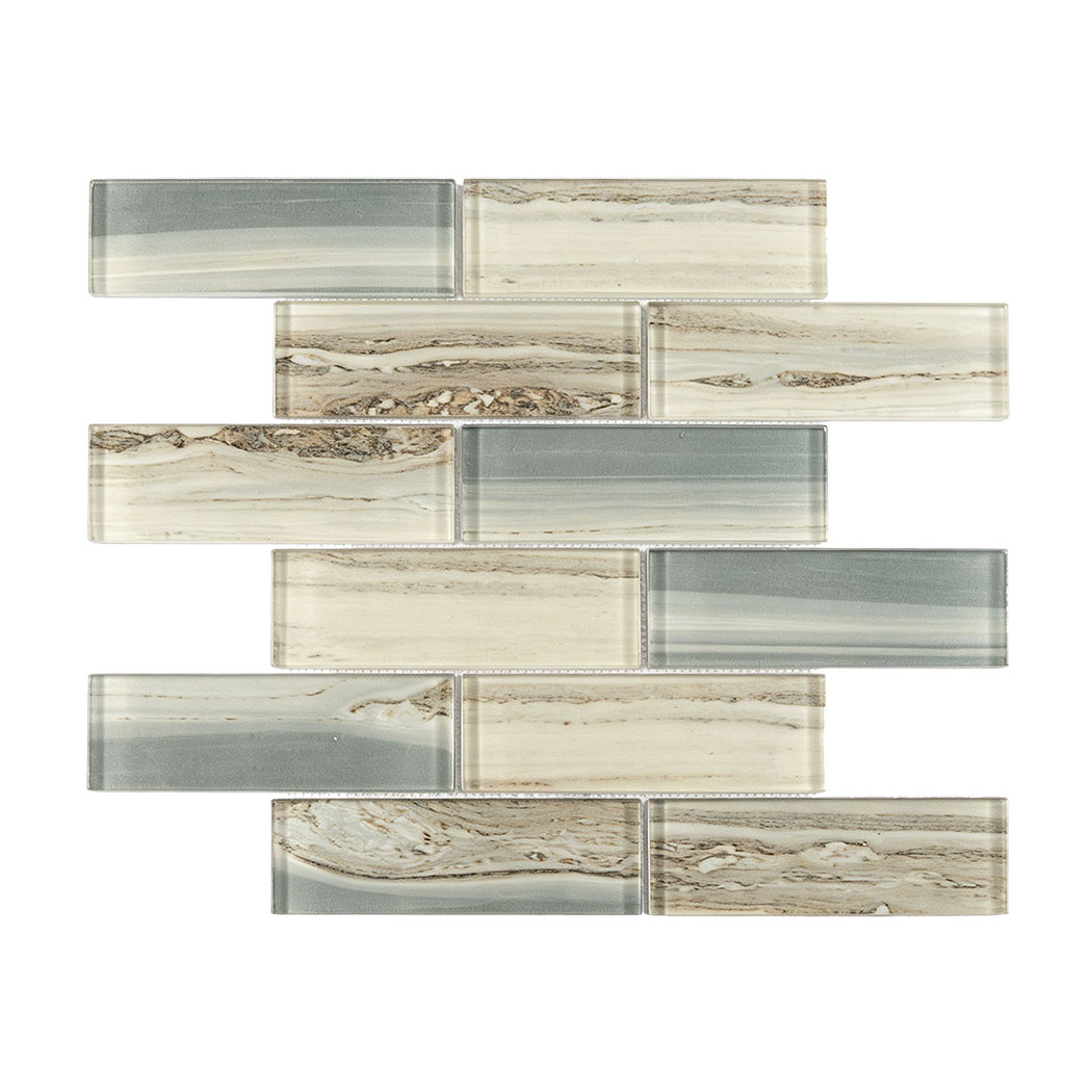 Sage gray beige glass subway tiles in a staggered mosaic sheet