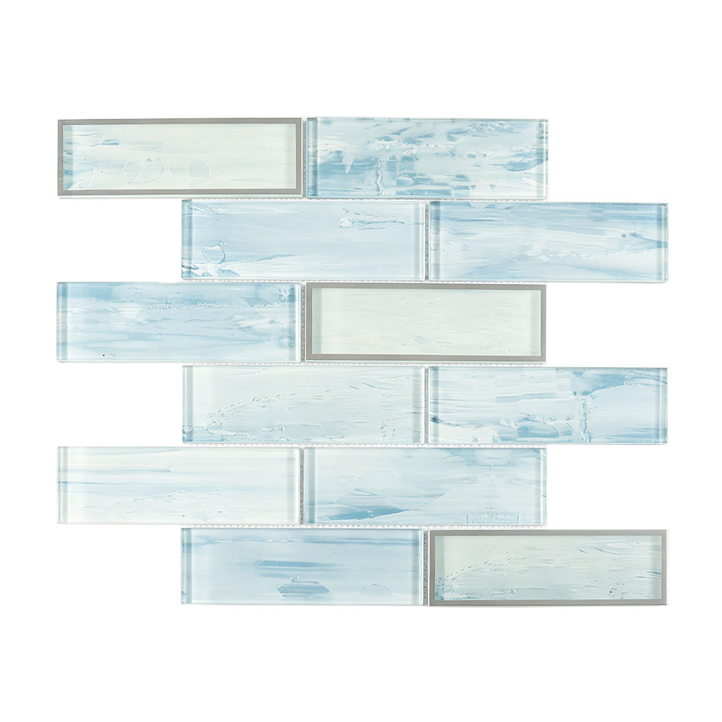 Soft sky blue glass subway mosaic sheet with silver frame accent pieces