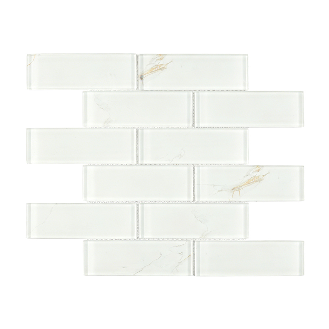 Soft white Calacatta glass subway tile sheet with pale gray veining