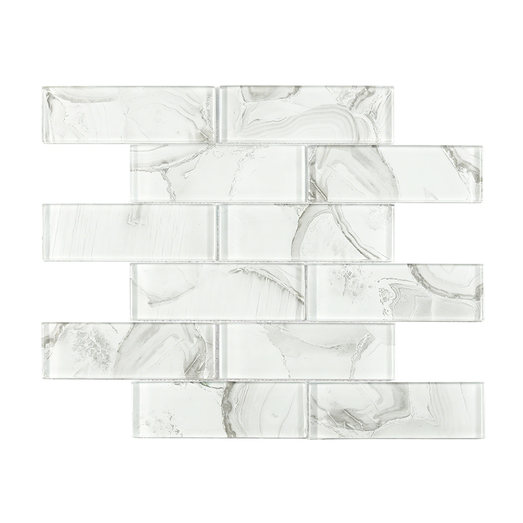 White gray glass subway tile sheet with soft marble ink pattern