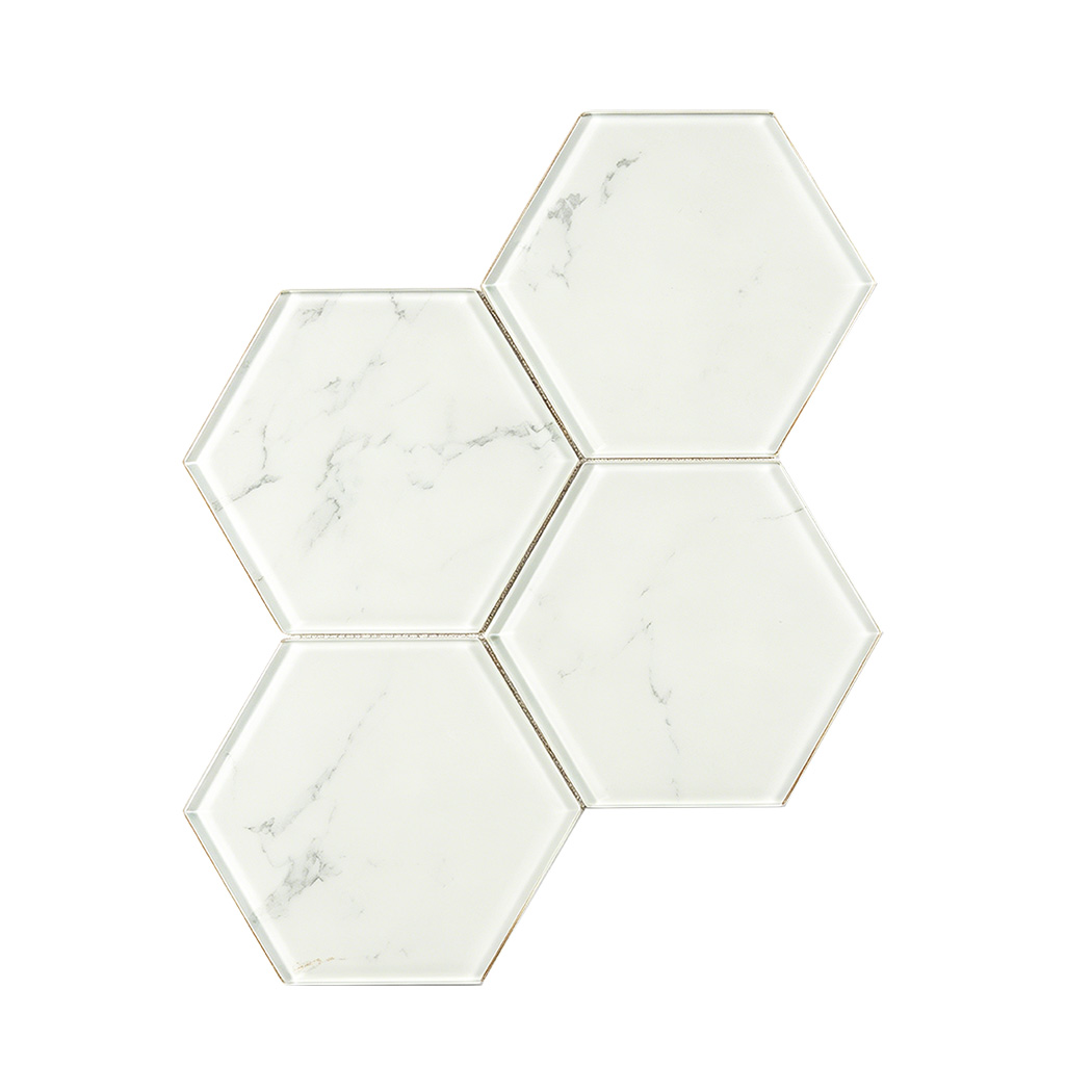 Large white marble look hexagon glass tile sheet with soft gray veining
