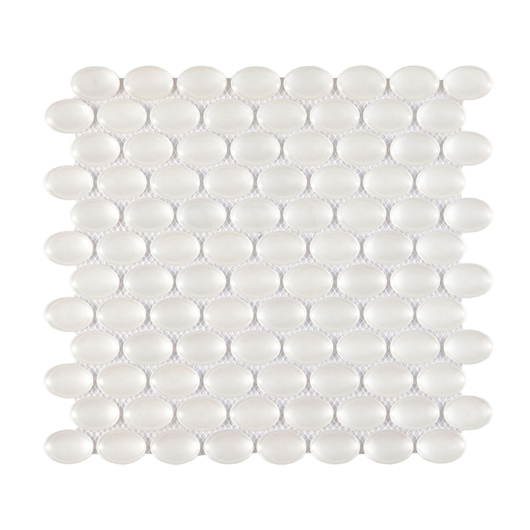 Soft white oval glass mosaic tile sheet on white mesh background