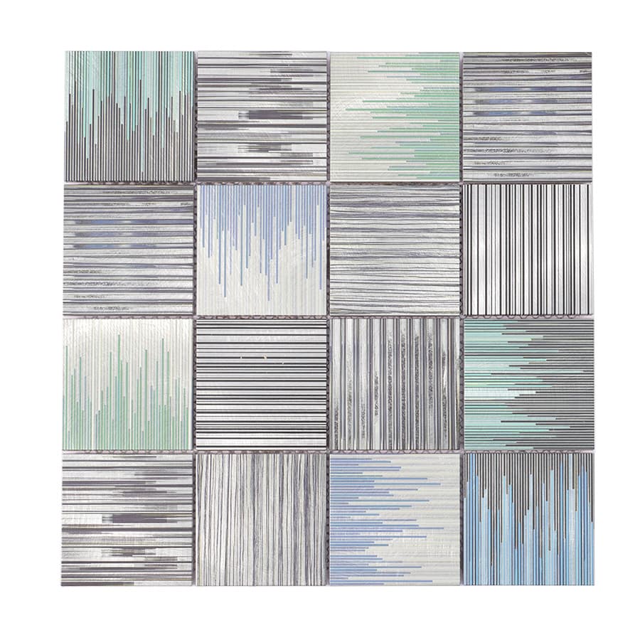 Full sheet of square aluminum linear textured mosaic tiles front view
